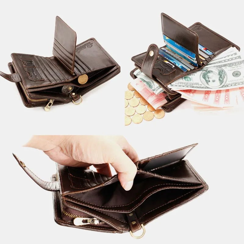 Men Genuine Leather Multi-card Slot Anti-theft RFID Card Holder Zipper Chain Wallet