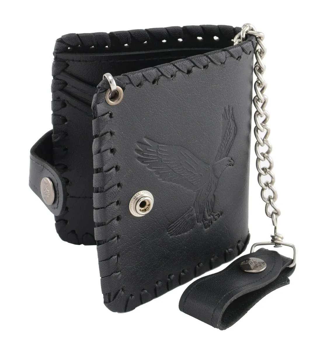 Milwaukee Leather MLW7800 Men's Black 5" Leather Flying Eagle Braided Bi-Fold Wallet w/ Anti-Theft Stainless Steel Chain