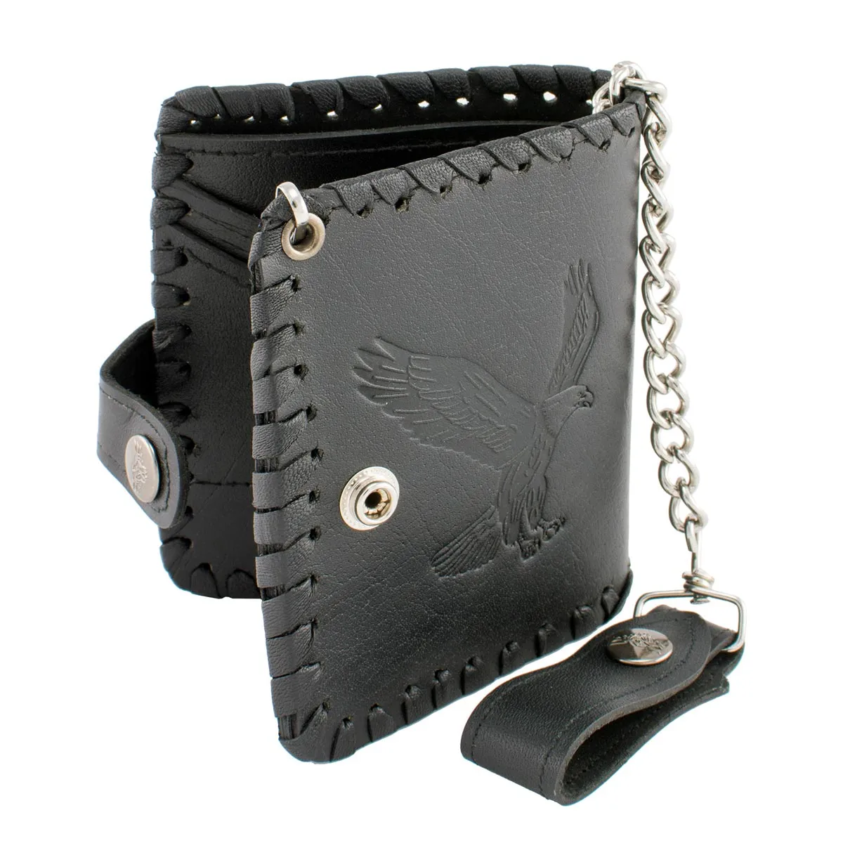 Milwaukee Leather MLW7800 Men's Black 5" Leather Flying Eagle Braided Bi-Fold Wallet w/ Anti-Theft Stainless Steel Chain