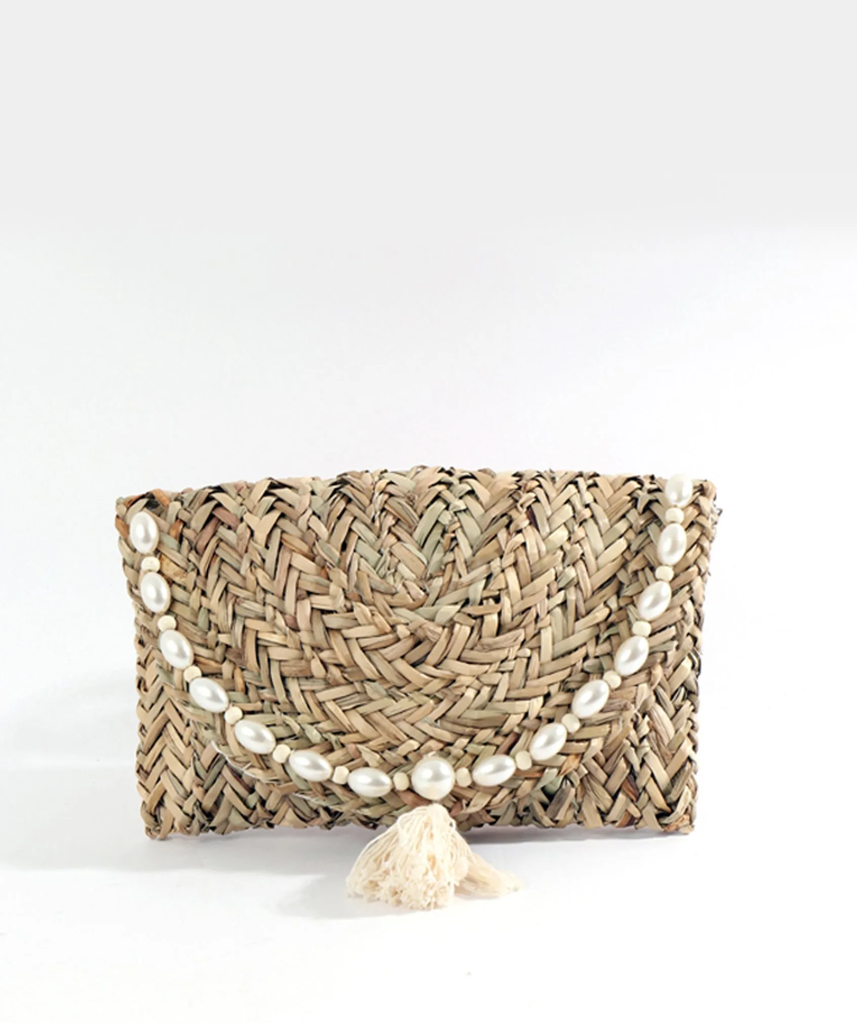 Natural Straw Clutch Bag with Pearl Bead Embellishment and Button Closure