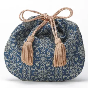 Nishijin-ori Small Drawstring Bag - Grapevine / Navy Blue -,  Made in Kyoto, Japan,  Japanese traditional craft purse