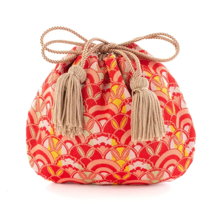 Nishijin-ori Small Drawstring Bag - Rabbit / Red -,  Made in Kyoto, Japan,  Japanese traditional craft purse