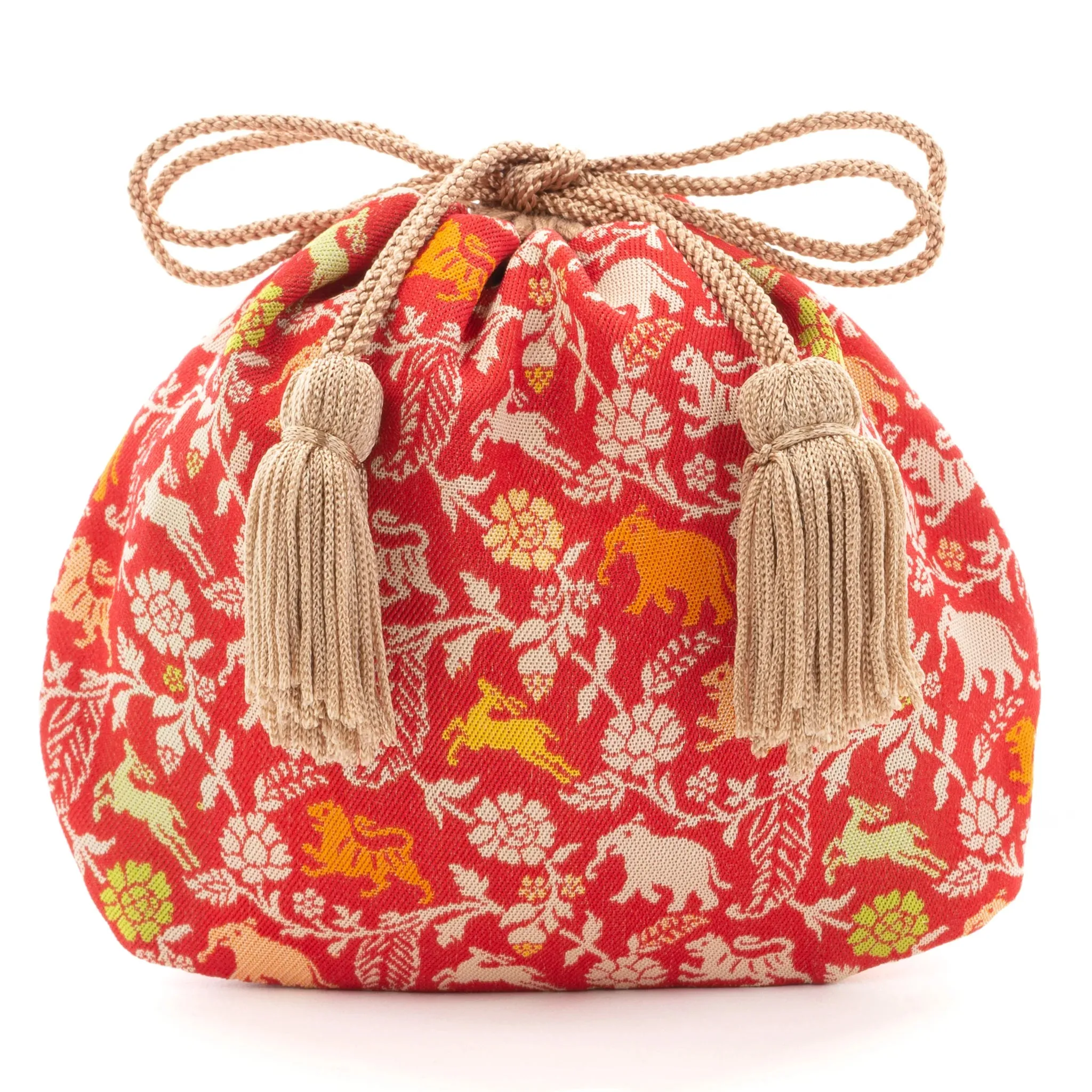 Nishijin-ori Small Drawstring Bag - Tiger / Red -,  Made in Kyoto, Japan,  Japanese traditional craft purse