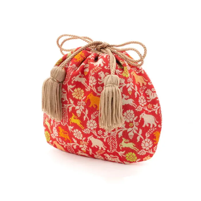 Nishijin-ori Small Drawstring Bag - Tiger / Red -,  Made in Kyoto, Japan,  Japanese traditional craft purse