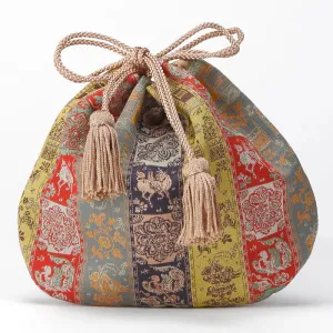 Nishijin-ori Small Drawstring Bag - Wildlife and Flower -,  Made in Kyoto, Japan,  Japanese traditional craft purse