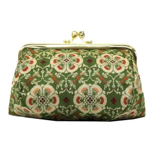 Nishijin-ori Small Pouch - Flower and Bird / Green -, Made in Kyoto, Japan, Cosmetic Pouch, Makeup Pouch, Japanese Gamaguchi Pouch, Travel Toiletry Pouch, Stationery Pouch, Bag organizer, Bag in Bag