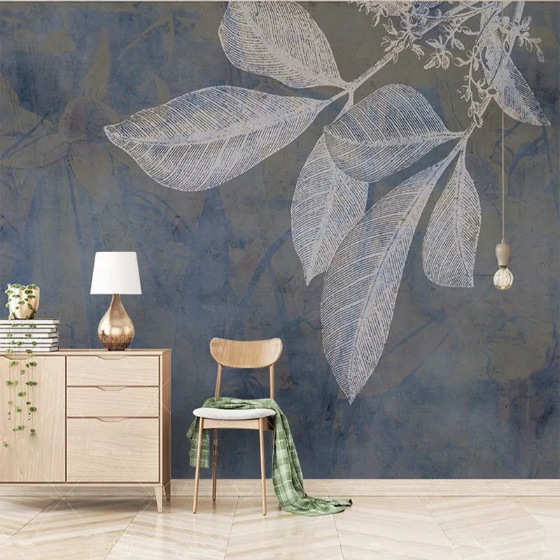 Nordic Style Blue Leaves Wallpaper Mural (㎡)