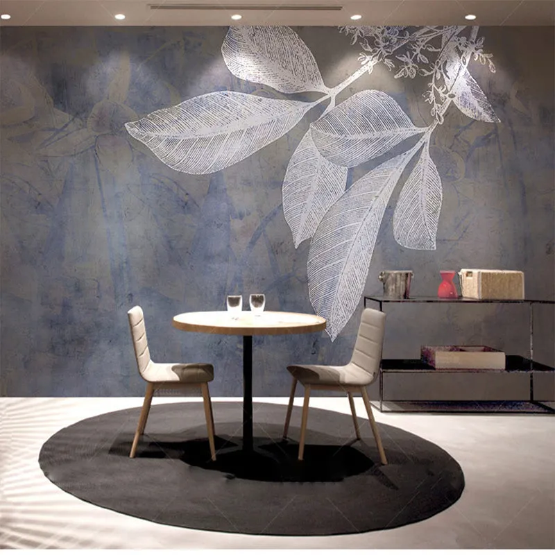 Nordic Style Blue Leaves Wallpaper Mural (㎡)