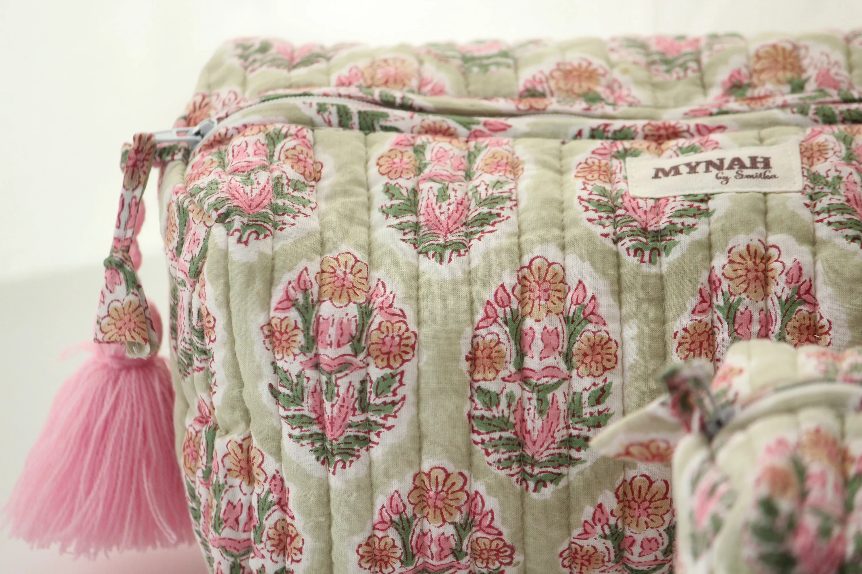 'PISTACHIO BOUQUET green with pink motifs' printed travel/makeup zipper pouch-set of 3