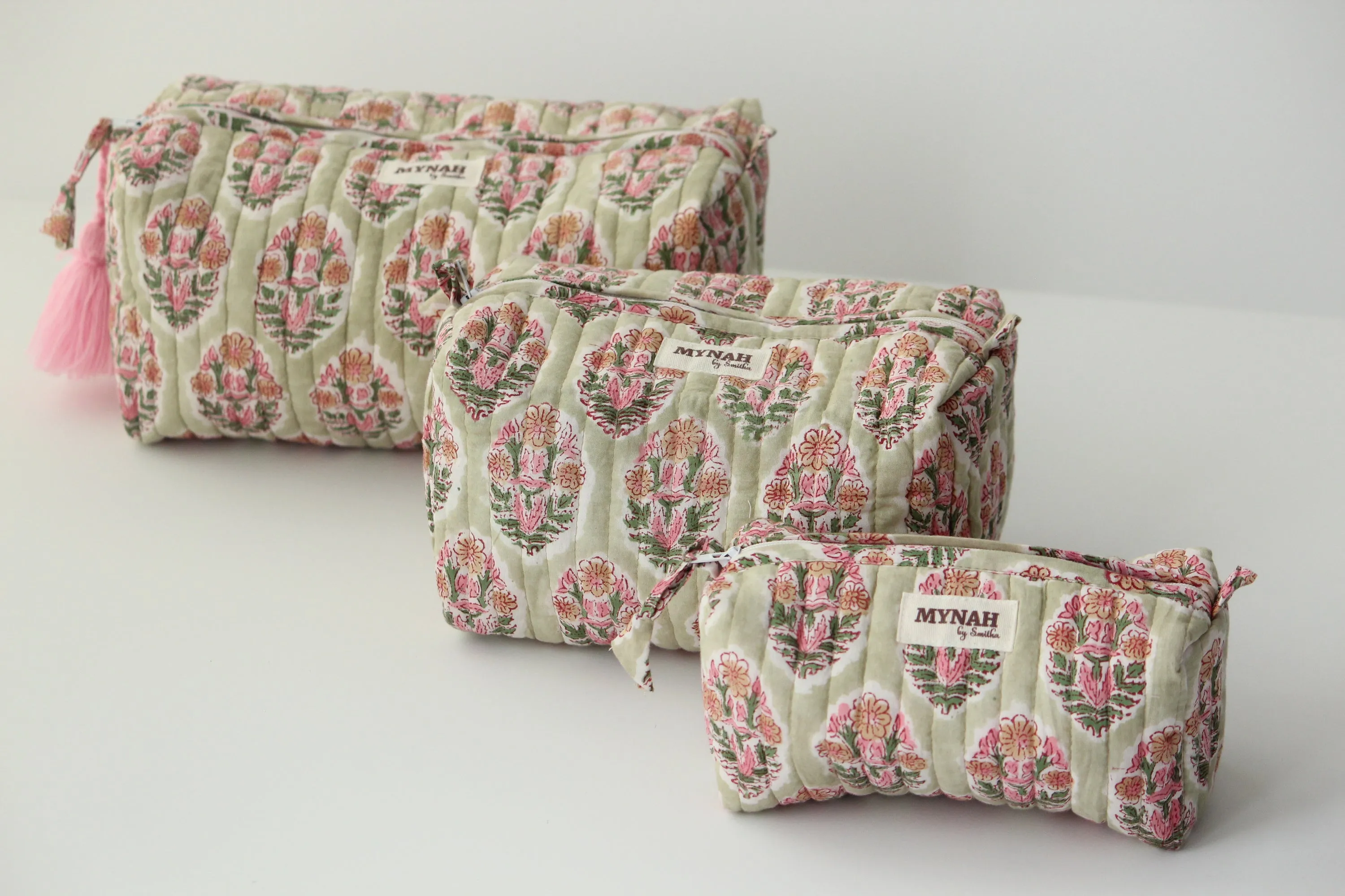 'PISTACHIO BOUQUET green with pink motifs' printed travel/makeup zipper pouch-set of 3