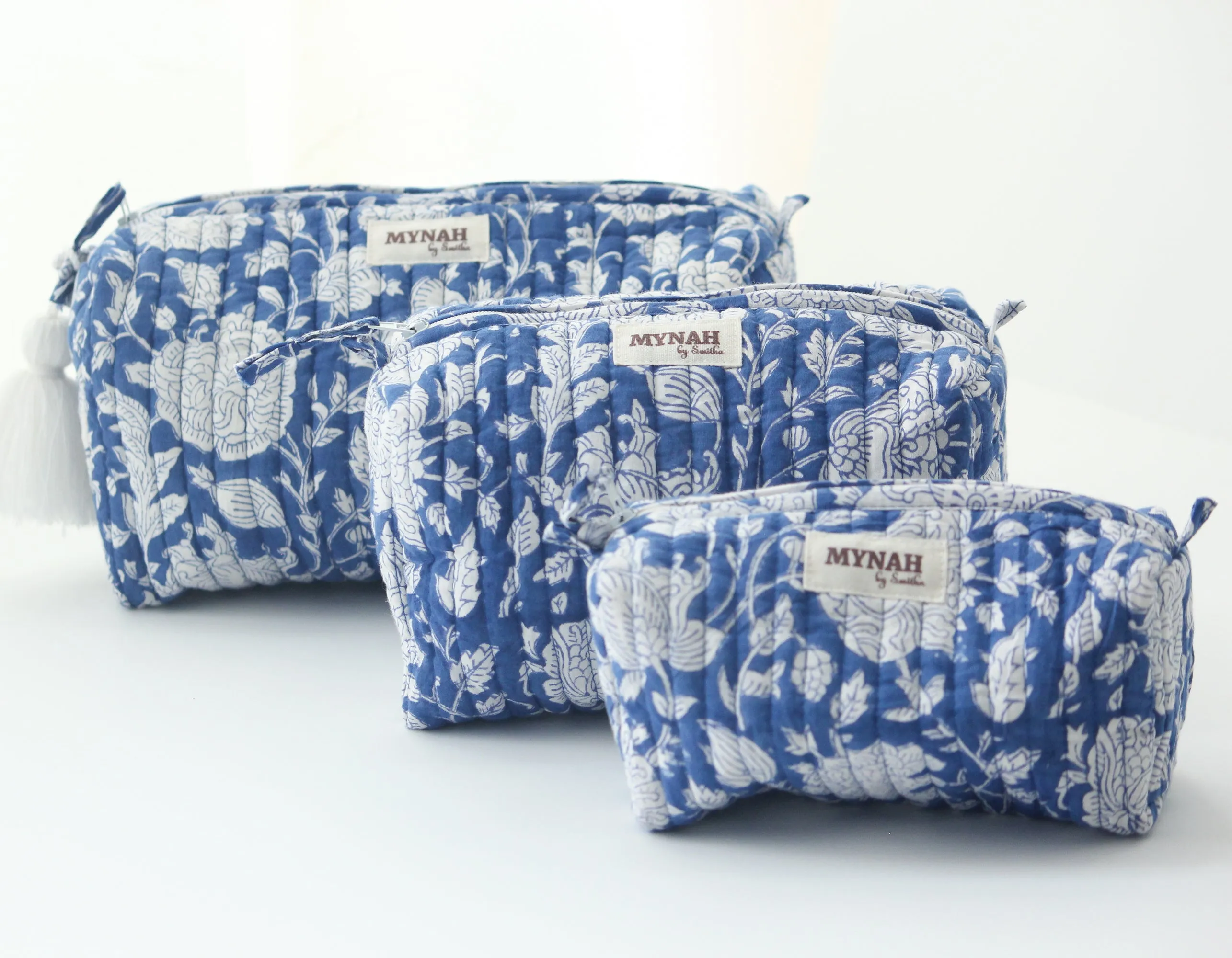 'PORCELAIN' hand block printed, quilted travel/makeup zipper pouch-LARGE only