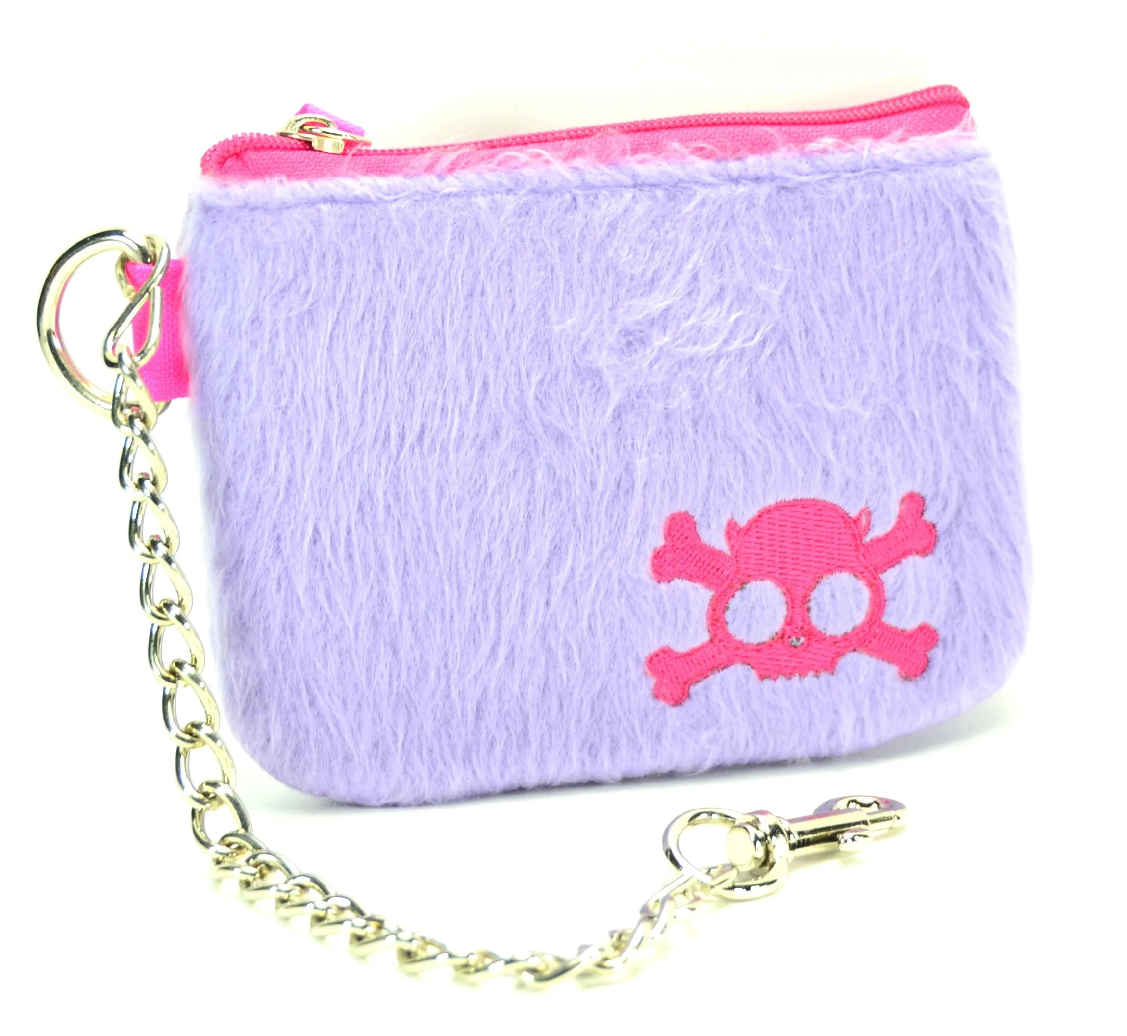 Purple Fur Zip Top Purse With Pink Embroidered Skull