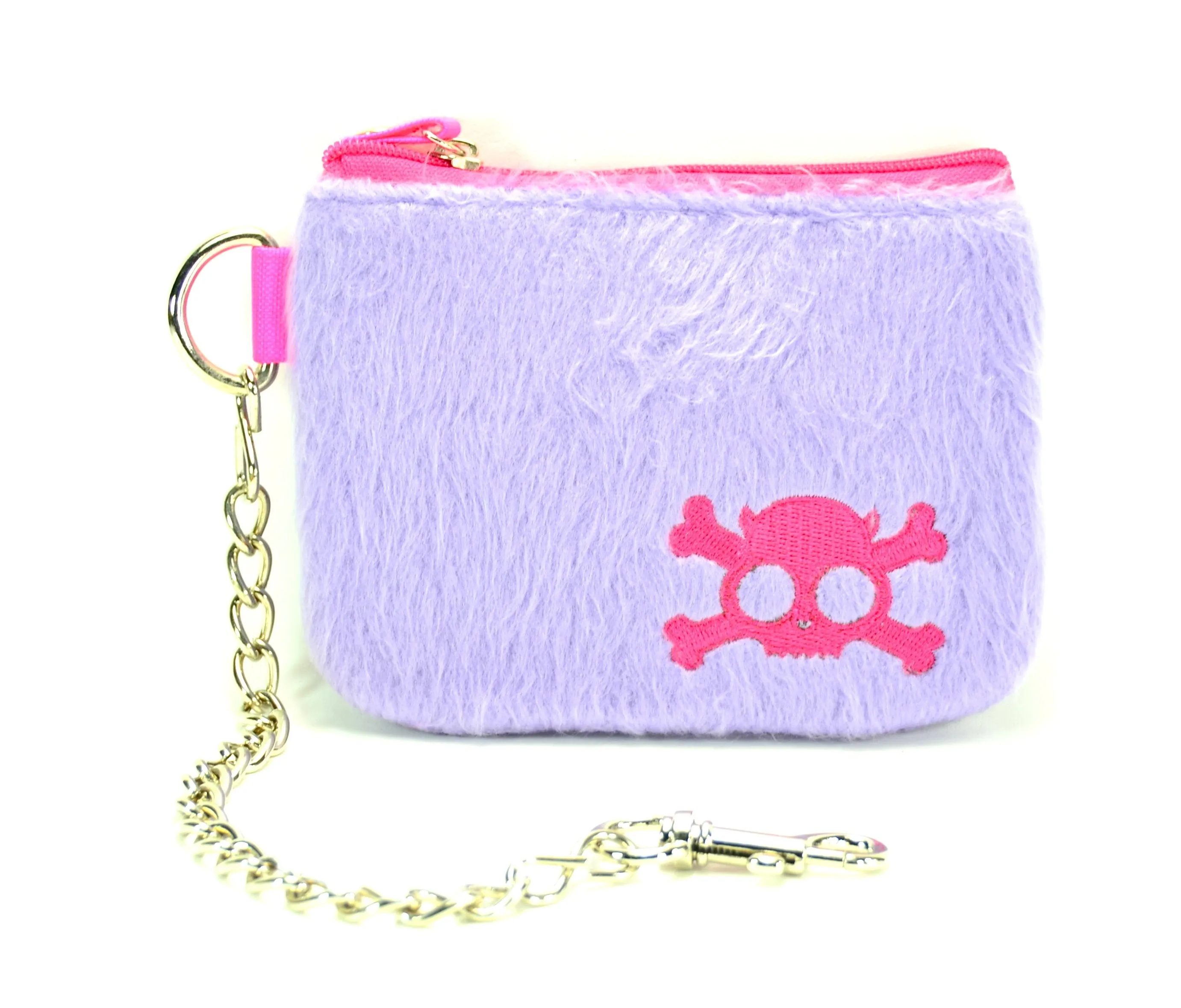 Purple Fur Zip Top Purse With Pink Embroidered Skull