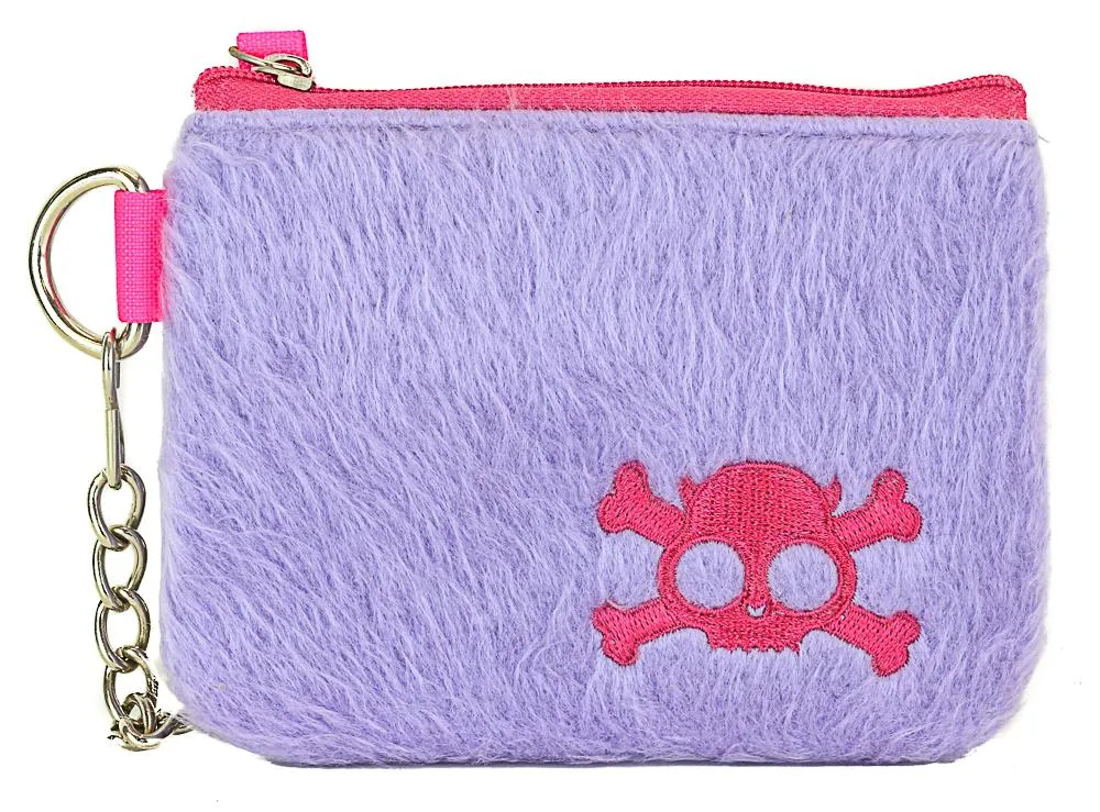 Purple Fur Zip Top Purse With Pink Embroidered Skull