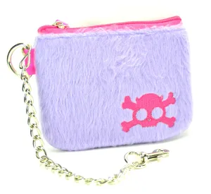 Purple Fur Zip Top Purse With Pink Embroidered Skull