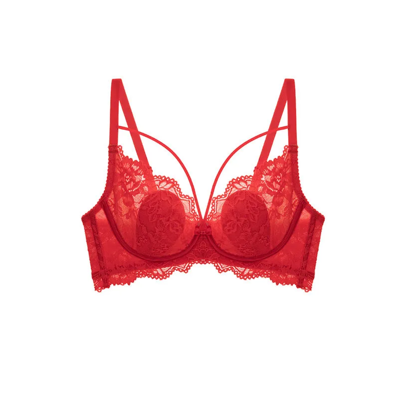 Rabbit Ear Cup Silk Underwear Women's Contrast Color Lace Big Breasts Show Small Sexy Memory Titanium Ring Bra Set