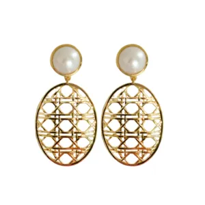 Remy Wicker Gold Oval & Pearl Earrings