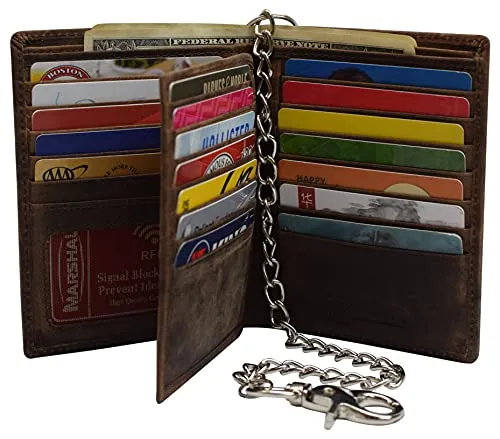 RFID Blocking Hipster Bifold Vintage Leather Chain Biker Wallet for Men