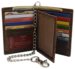 RFID Blocking Hipster Bifold Vintage Leather Chain Biker Wallet for Men