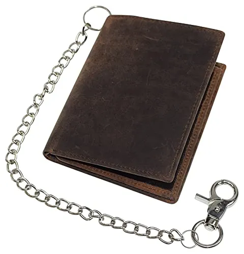 RFID Blocking Hipster Bifold Vintage Leather Chain Biker Wallet for Men