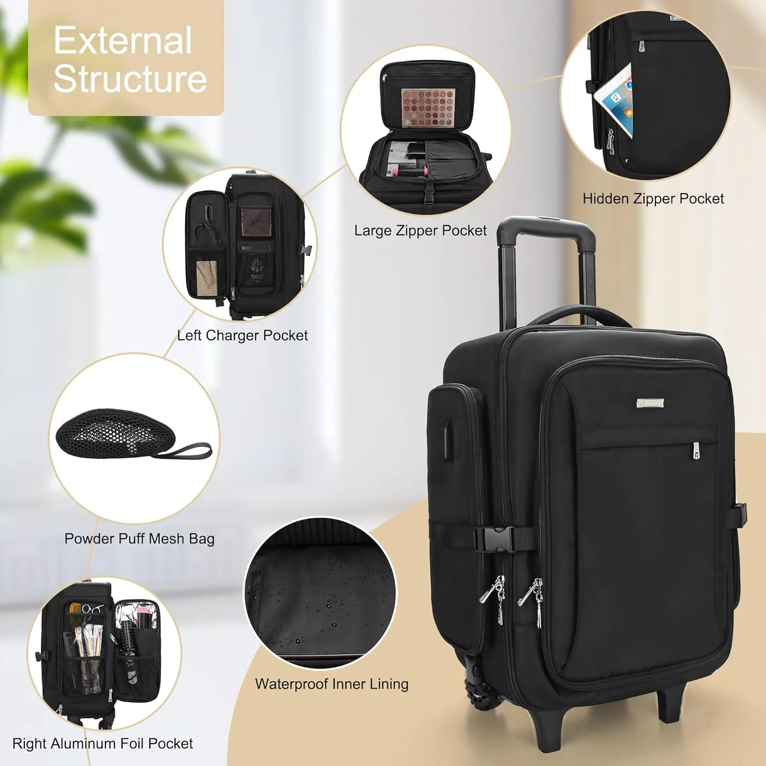 Rolling Black Super Large Professional Trolley Makeup Backpack