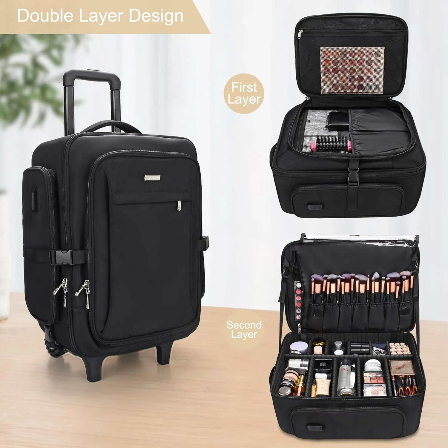 Rolling Black Super Large Professional Trolley Makeup Backpack