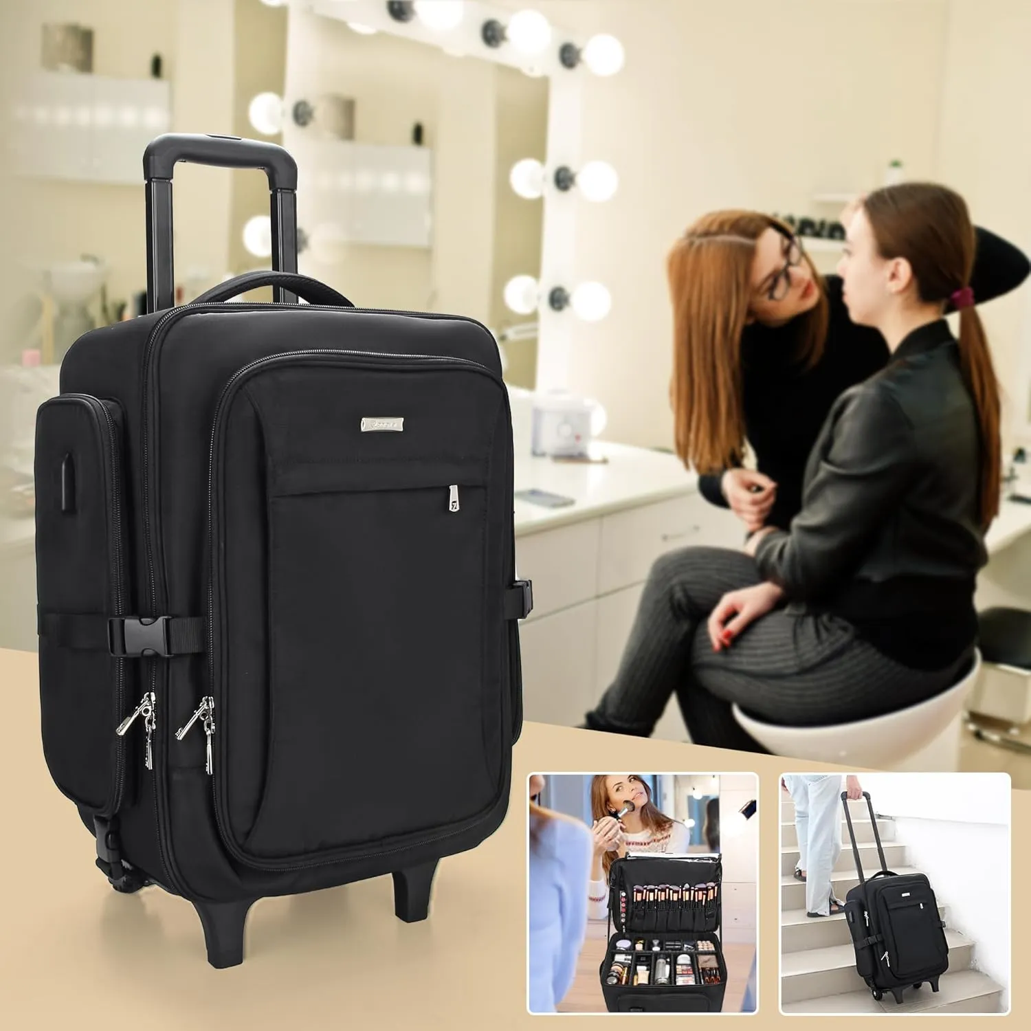 Rolling Black Super Large Professional Trolley Makeup Backpack