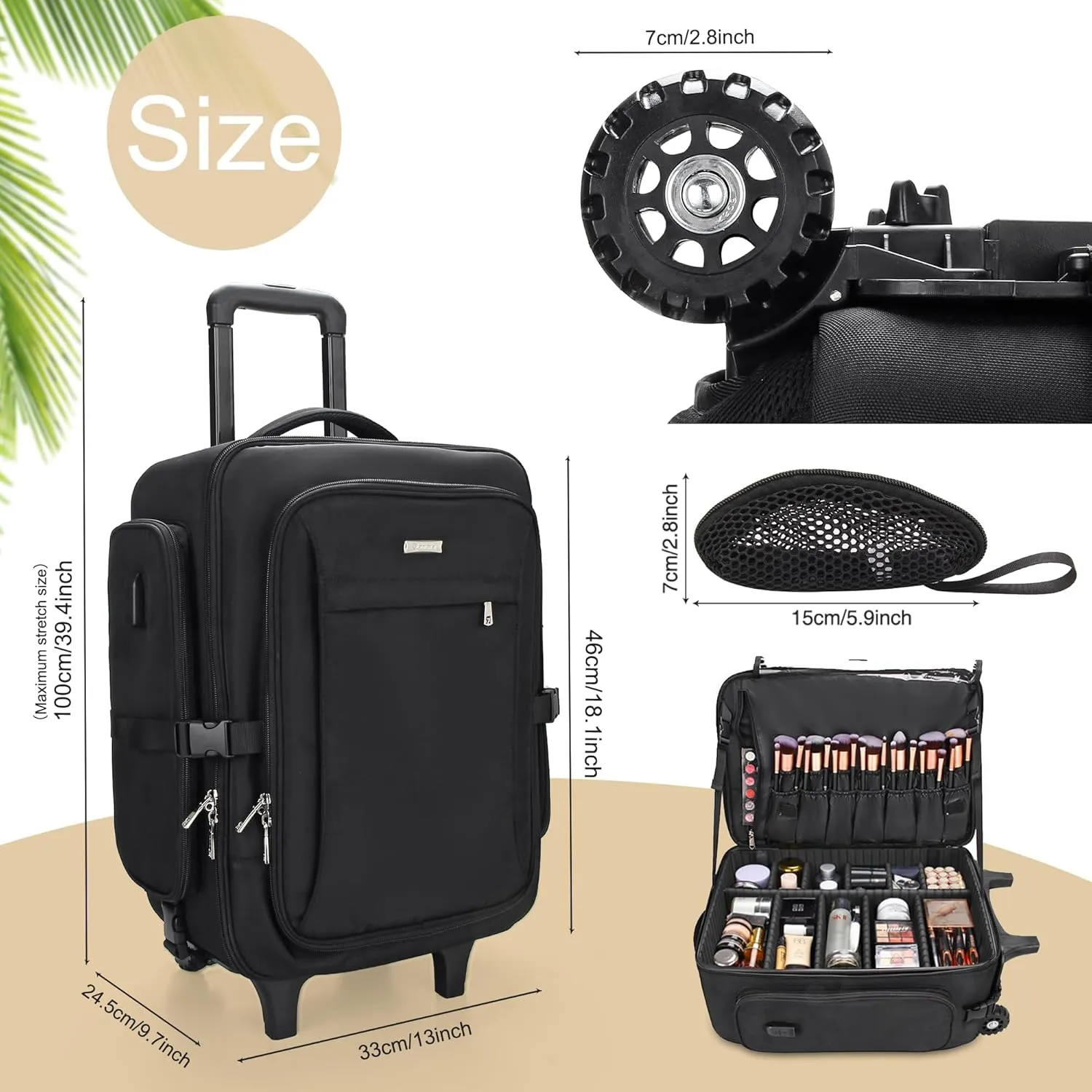 Rolling Black Super Large Professional Trolley Makeup Backpack