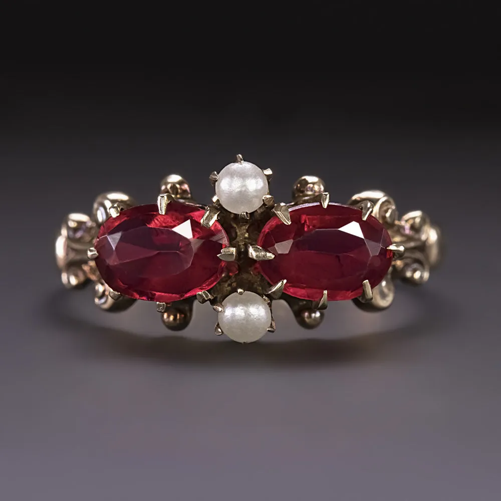 RUBY SEED PEARL RING 14k YELLOW GOLD COCKTAIL ANTIQUE VICTORIAN EAST WEST ESTATE