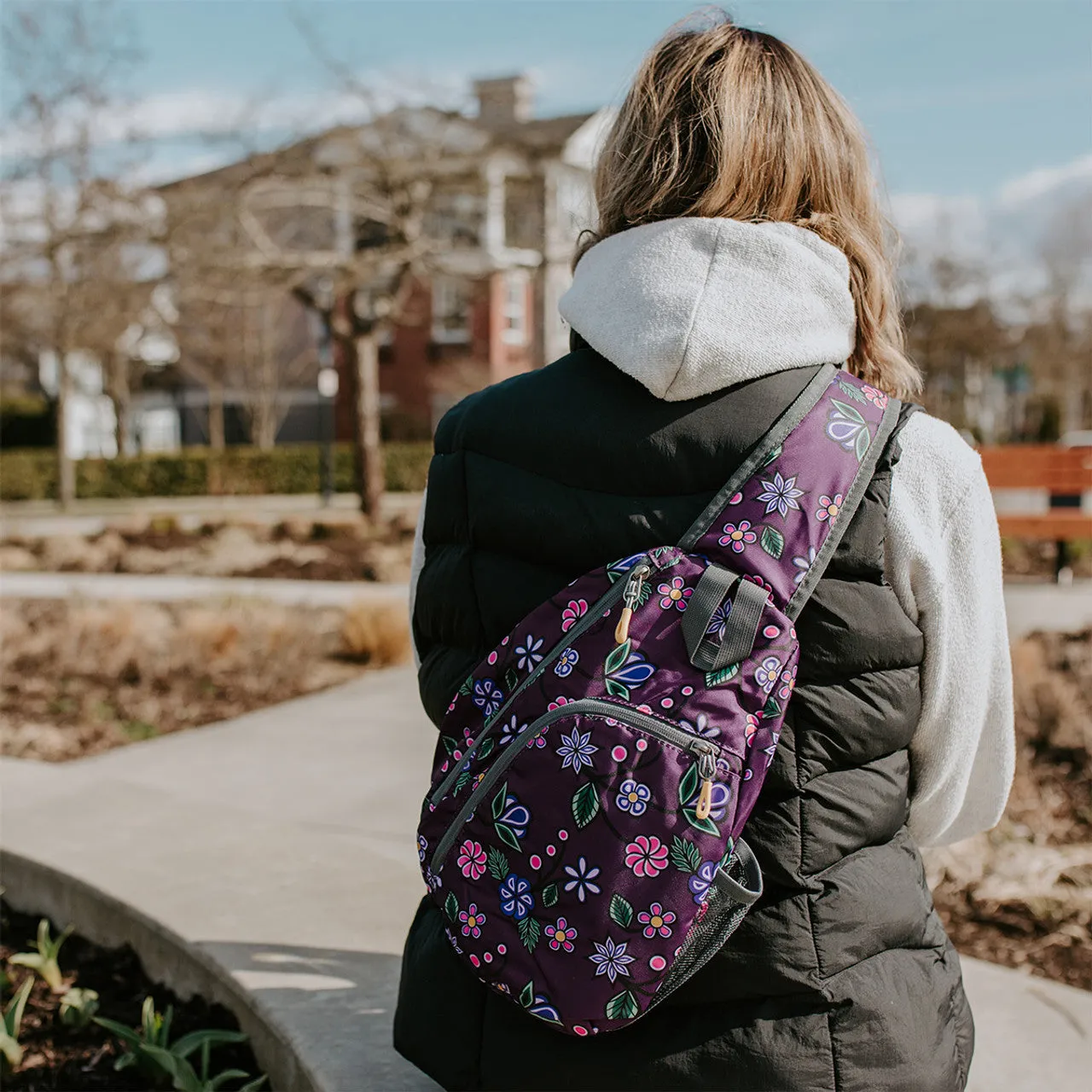 Sling Back Pack -  Ojibwe Florals by Native artist, Storm Angeconeb