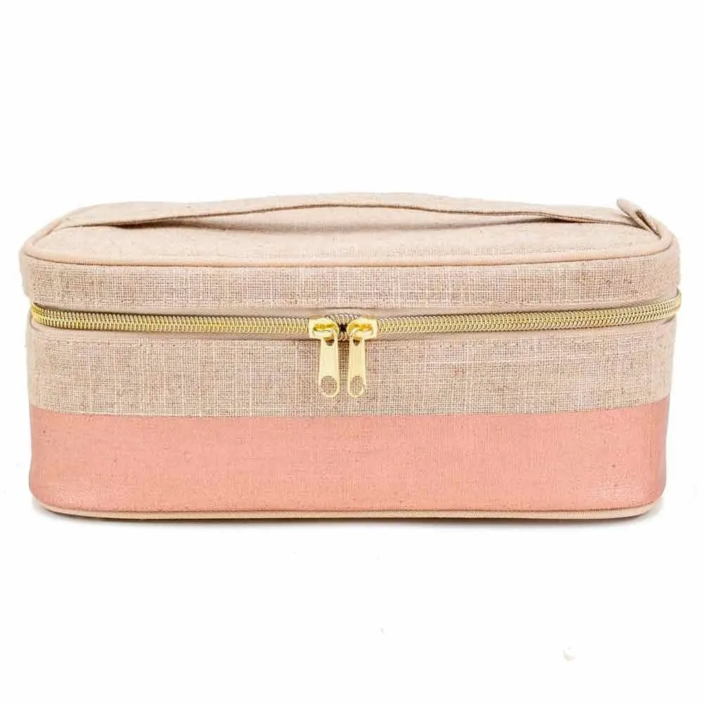 SoYoung Large Raw Linen Makeup Bag Beauty Poche - Rose Gold Colour Block