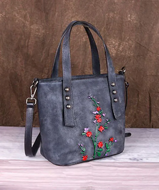 Style Grey Floral Paitings Calf Leather Messenger Bag