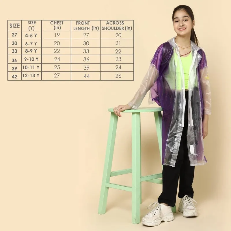 THE CLOWNFISH Laurel Series Kids Waterproof PVC Longcoat with Adjustable Hood & Extra Space for Backpack/Schoolbag Holding. Printed Plastic Pouch. Kid Age-8-9 years (Size-33-Purple)