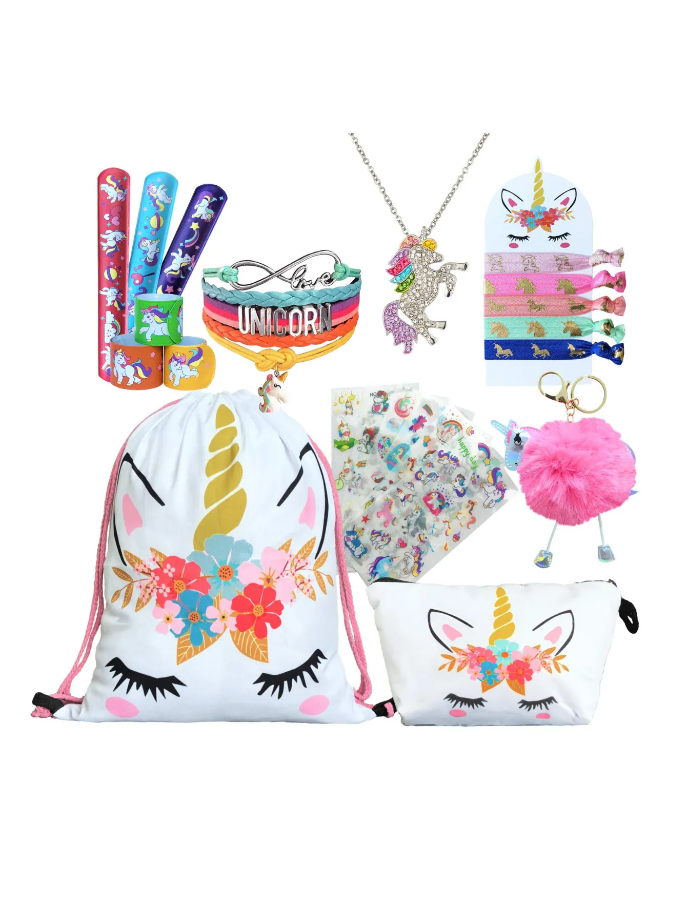 Unicorn Gifts for Girls - Unicorn Drawstring Backpack/Makeup Bag/Bracelet/Necklace/Hair Ties/Keychain/Sticker (White Flower 4)