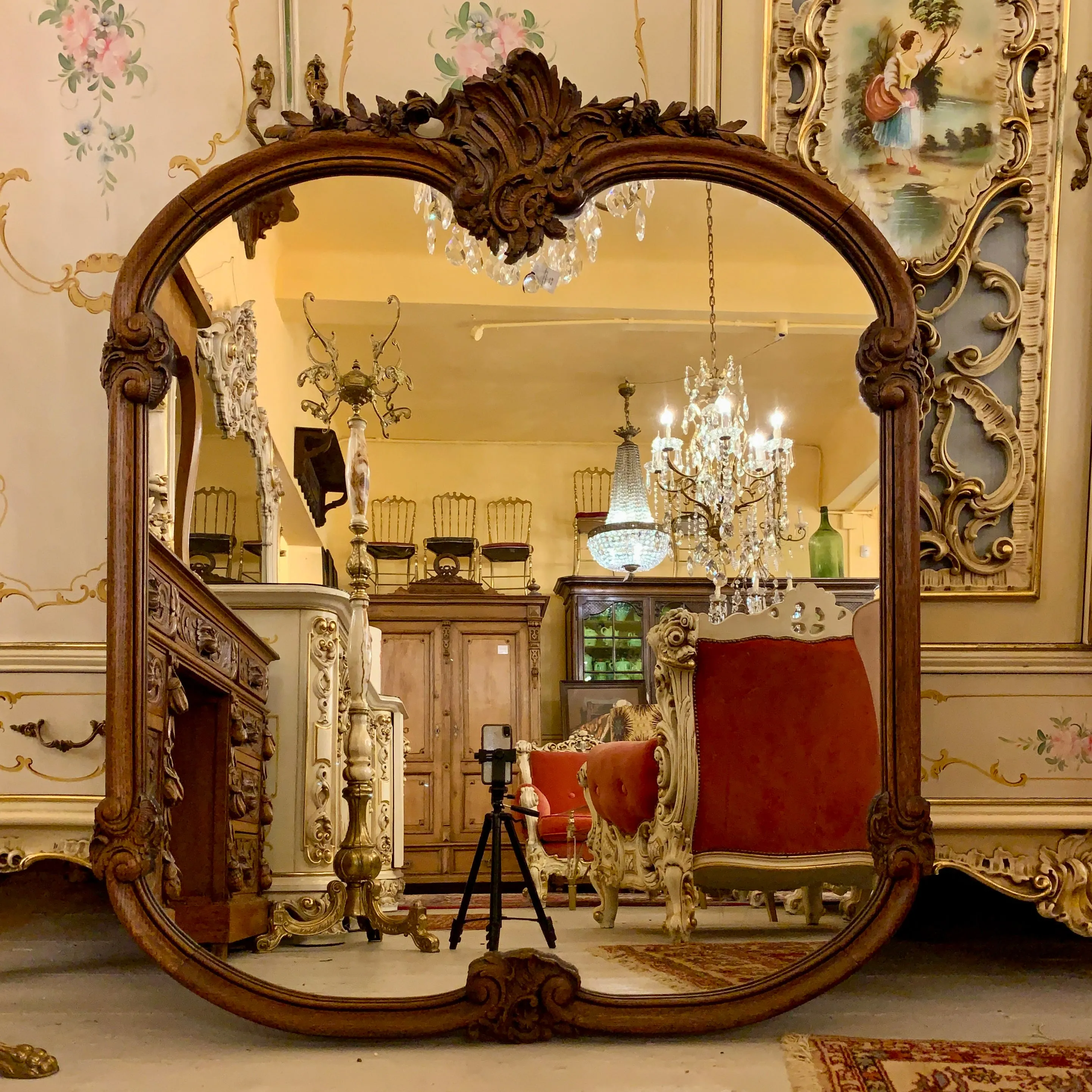 Unusual Antique French Oak Mirror