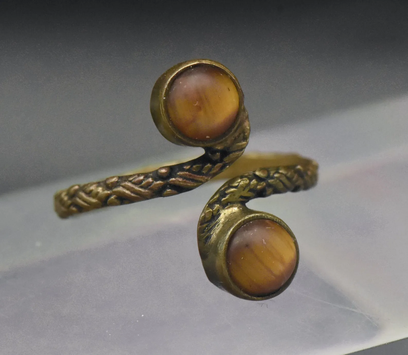 Vintage Tiger's Eye Brass Bypass Adjustable Size Ring