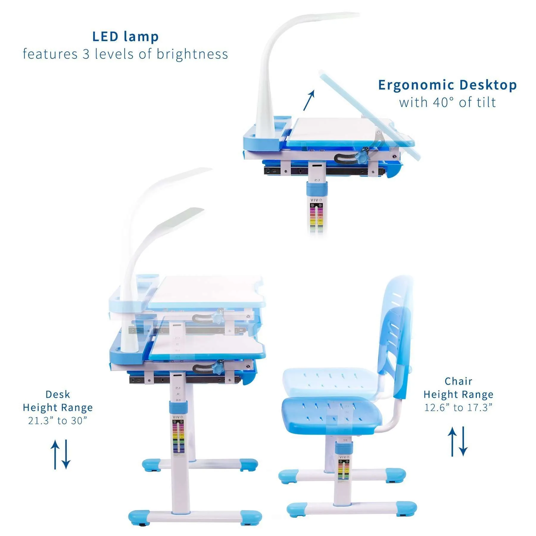 VIVO Kids’ Height-Adjustable Desk & Chair w/ LED Lamp, DESK-V303B/V303P/303G