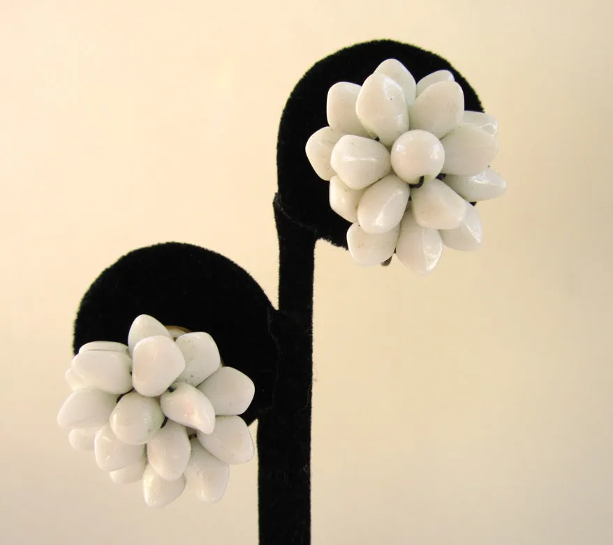 White Glass Floral Screw Back Earrings