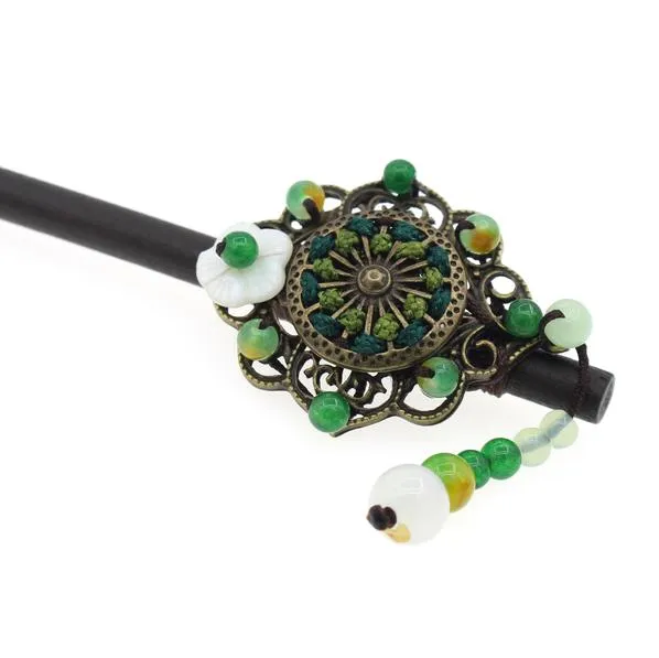 Wood Stick with Floral Metal Piece Shell Flowers and Beaded Tassels Green