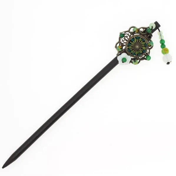 Wood Stick with Floral Metal Piece Shell Flowers and Beaded Tassels Green