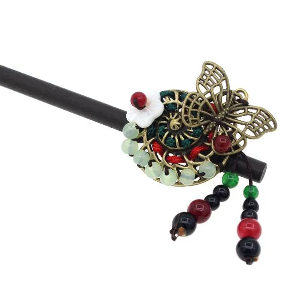 Wood Stick with Metal Butterfly Mother-of-Pearl Flower and Beaded Tassels