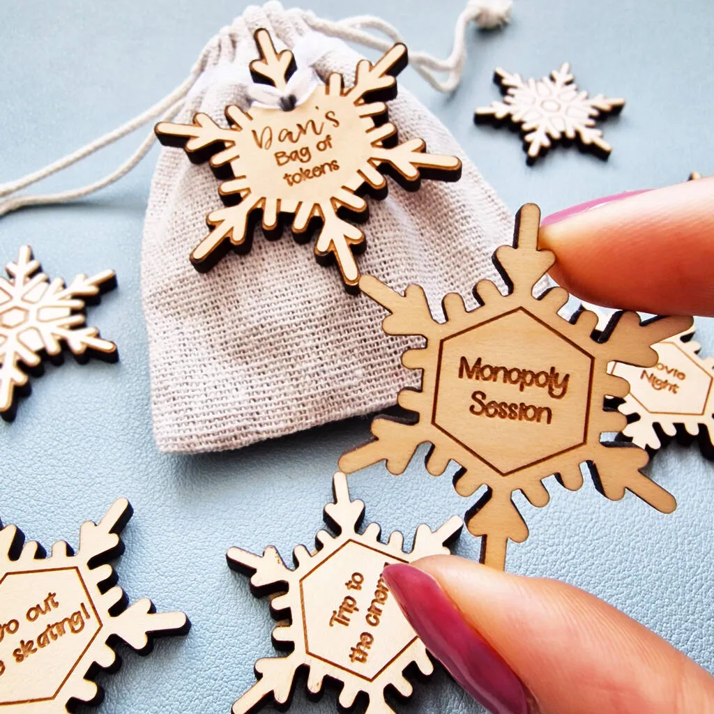 Wooden Personalised Couples Christmas Snowflake Tokens