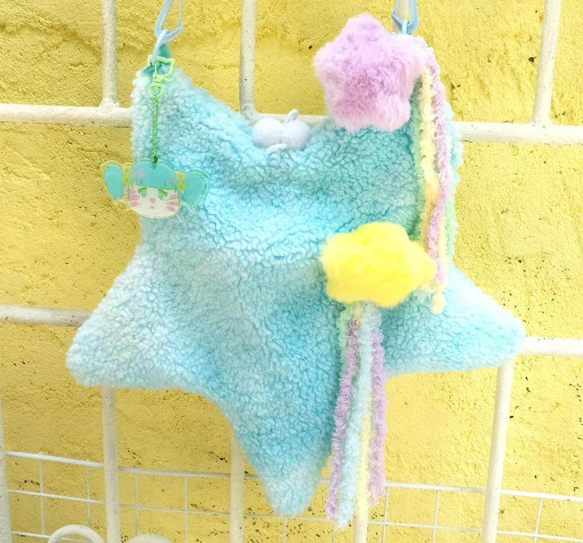 Y2K Pink Blue Yellow Star Fluff Plush 3D Messenger Bag